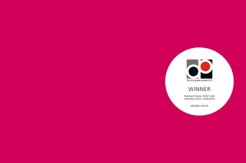 Digital Printer Awards Winner 2019, featuring a pink background and a white circle.