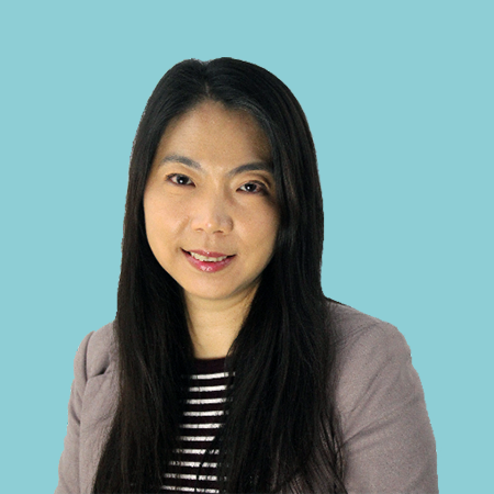 Jessica Wang, an Asian woman with long hair and a striped blazer.