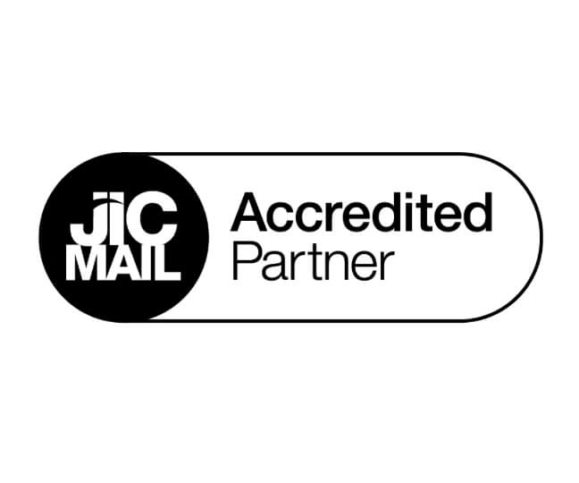 A black and white logo with the words jic mail certified partner.