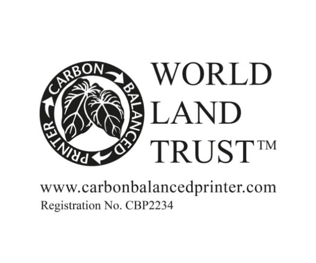 World land trust carbon balance printer with accreditations and certifications.