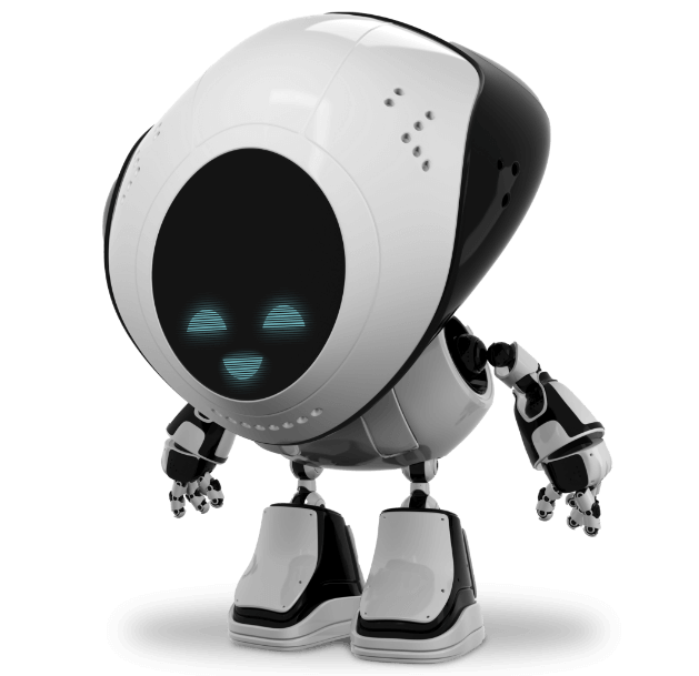 A white and black robot standing on black _______.