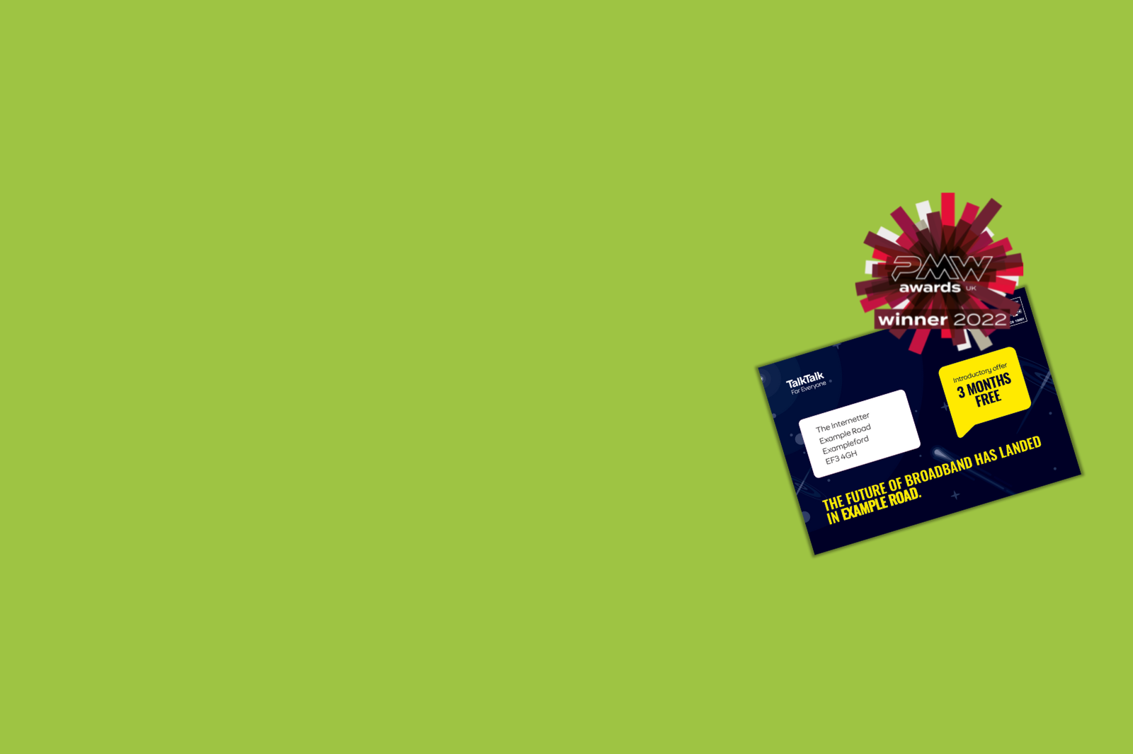 A business card for TalkTalk's Laser Focused Mail Campaign with a green background.