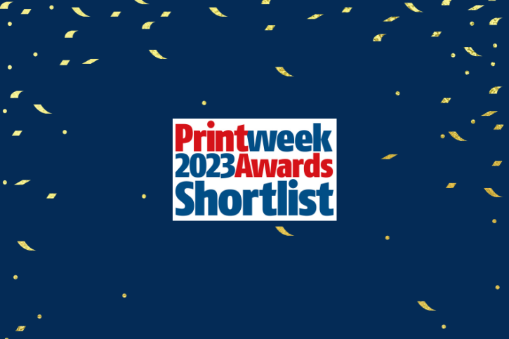 The Print Week Awards logo on a blue background with gold confetti.