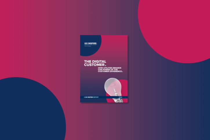 A brochure featuring a light bulb on a vibrant pink and blue background designed for The Digital Customer.