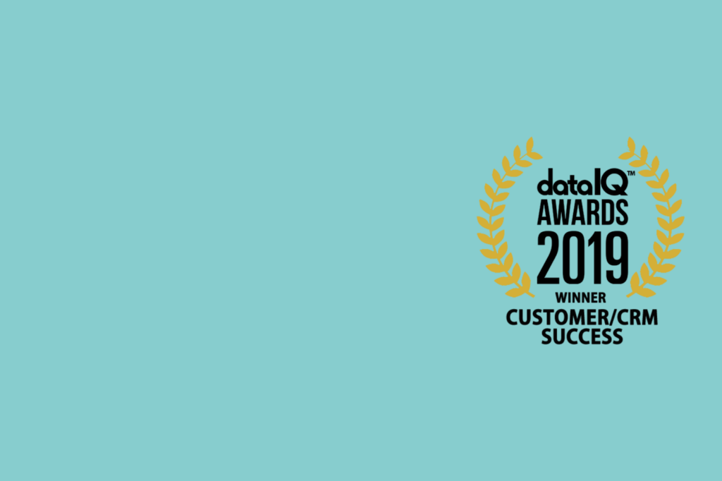 The logo for the Data IQ Awards 2019 Winner on a blue background.
