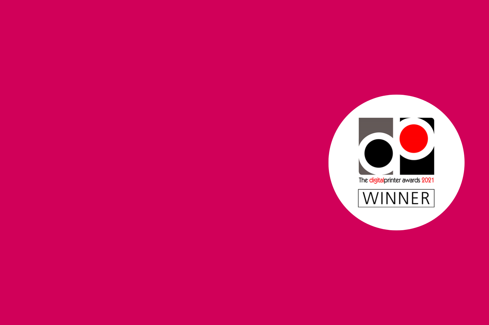 A digital printer awards winner 2021 logo displayed on a pink background.