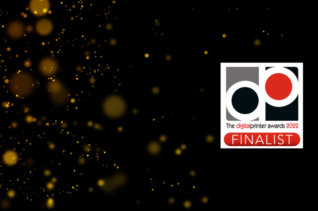 A black background with a gold and black logo, finalist in the Digital Printer Awards 2022.