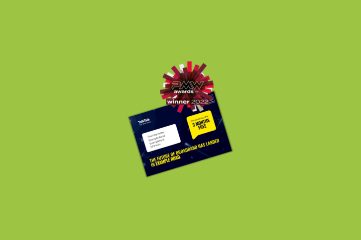 A green background card for TalkTalk's Laser Focused Mail Campaign.